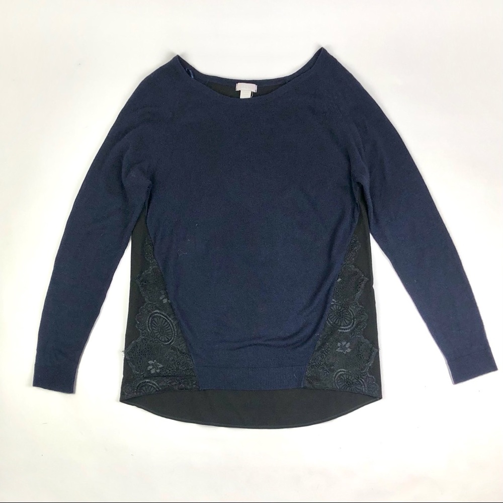 Cache Black Back Panel Navy Lace Sweater